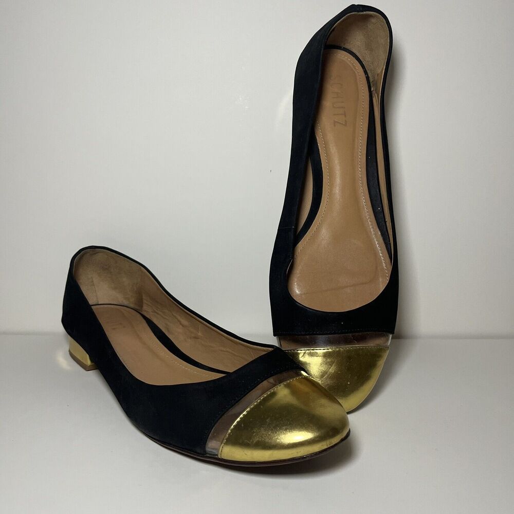 SCHUTZ Black Suede Gold Cap Toe Ballet Flats 10.5 Loafer Low Heel Colorblock